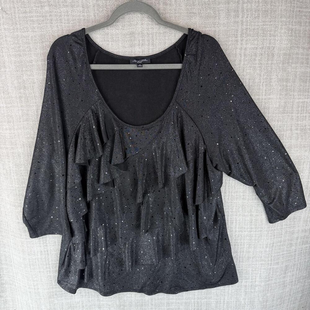 Notations Blouse Womens 2X Black Kimono Scoop Neck 3/4 Sleeve Ruffle Sequin